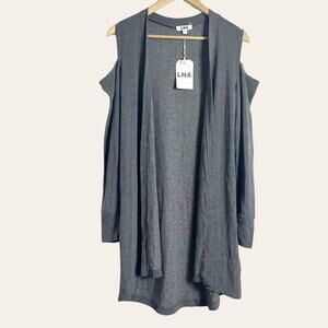 LNA Charcoal Gray Open Front Cold-Shoulder Cardigan Sweater Size L NWT